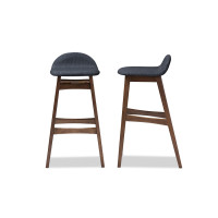 Baxton Studio Bloom Barstool-Dark Blue Bloom Mid-century Retro Walnut Wood Finishing 30-Inches Bar Stool Set of 2